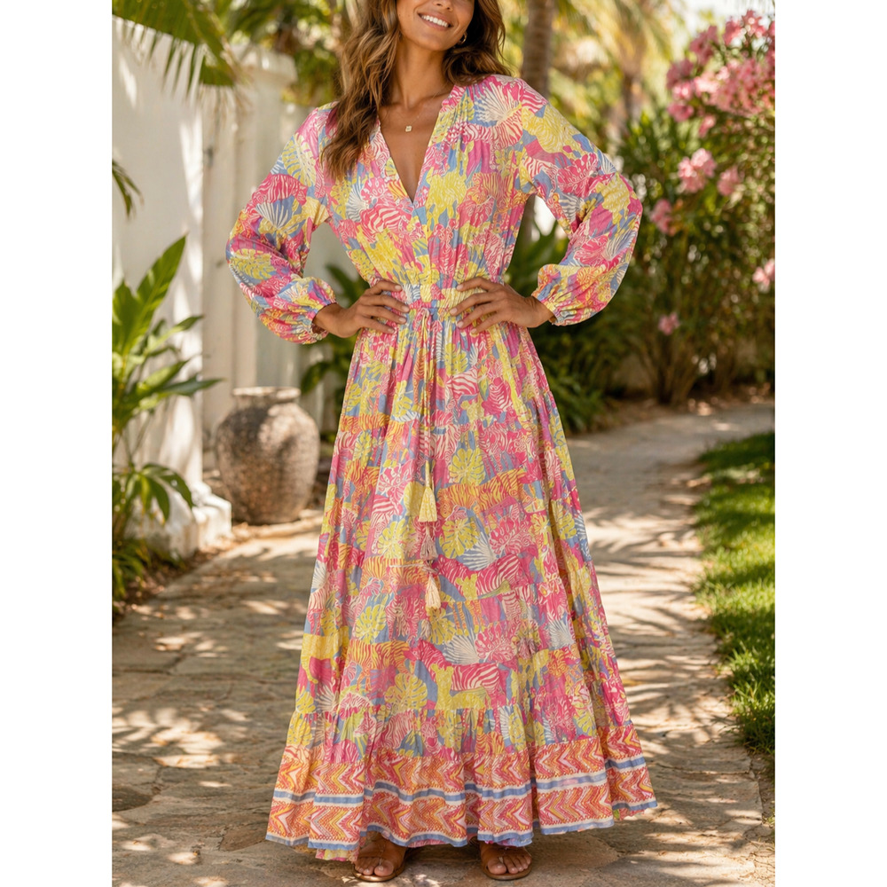 Taj Sabrina Crippa Miami Print V-Neck Long Sleeve Maxi Dress Size XS